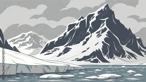 Arctic landscape illustration of snowy mountains and icebergs in a cold winter scene scenery vector 100