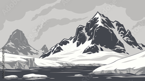 Antarctica landscape with snow covered mountains and icebergs vector illustration background for travel posters
