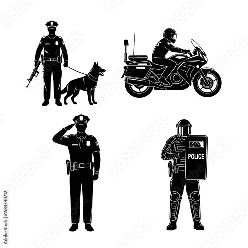 Four law enforcement officers depicted in silhouette; a police officer with a dog, a motorcycle officer, a saluting officer, and a riot police officer with a shield.