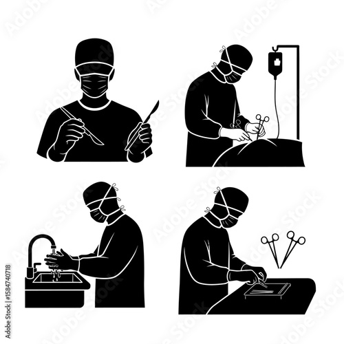 A series of illustrations depicting medical professionals performing surgical procedures.