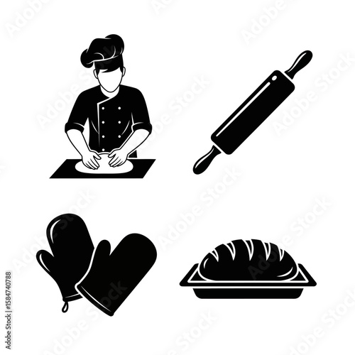 Graphic illustration showing a chef kneading dough, a rolling pin, oven mitts, and a loaf of bread in a baking pan.