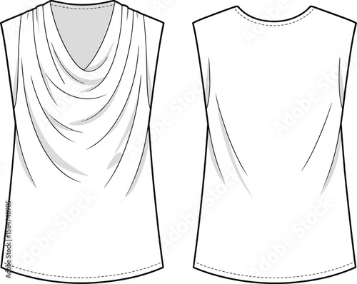 Draped front sleeveless blouse fashion flat sketch for womenswear, cad drawing, perfect for elegant top design and clothing illustration