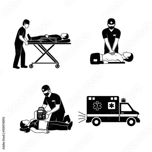Medical personnel providing emergency care, including CPR and transport in an ambulance.