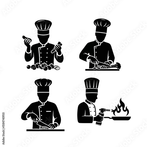 Four black and white chef icons, each showing different cooking actions, including seasoning, cutting, and flambéing.