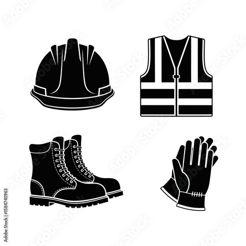 Silhouette illustration of safety equipment for construction workers, including hard hat, safety vest, work boots, and work gloves.
