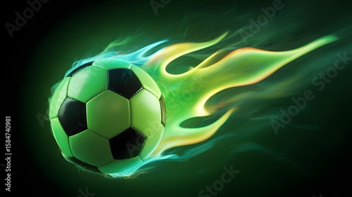 Green Soccer Ball with Colorful Energy Trails on a Dark Green Background