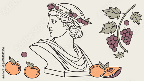 Greek mythology bust sculpture with grapes and peaches still life vector art illustration design concept
