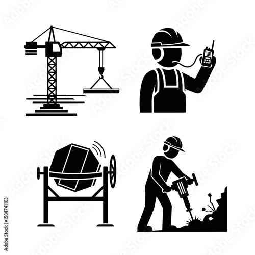 Construction site icons depicting a crane, worker with radio, concrete mixer, and worker with jackhammer.