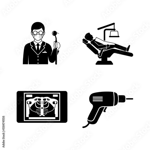 Four dental icons: dentist with tool, patient in chair, x-ray, and drill.