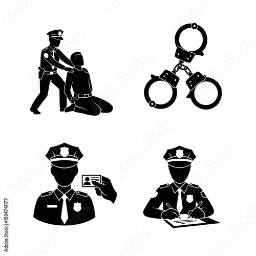 Police officer arresting a suspect, handcuffing, and processing paperwork.