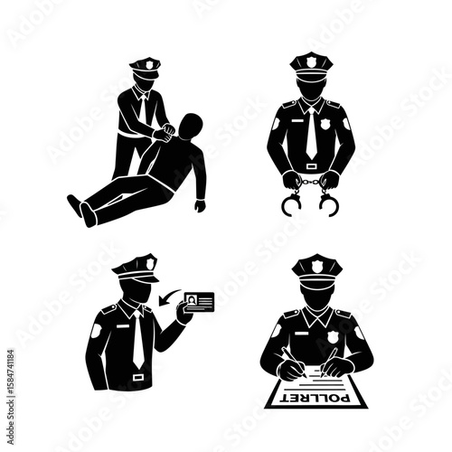 Police officer actions: arrest, handcuffing, ID check, and paperwork.