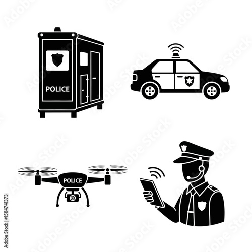 Police technology:  mobile station, patrol car, drone, and officer using a tablet.