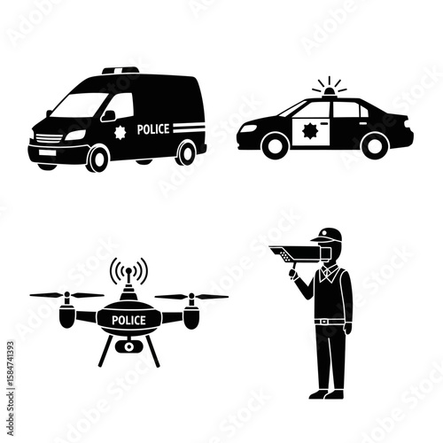 Black and white illustrations of police vehicles, drone, and security personnel.