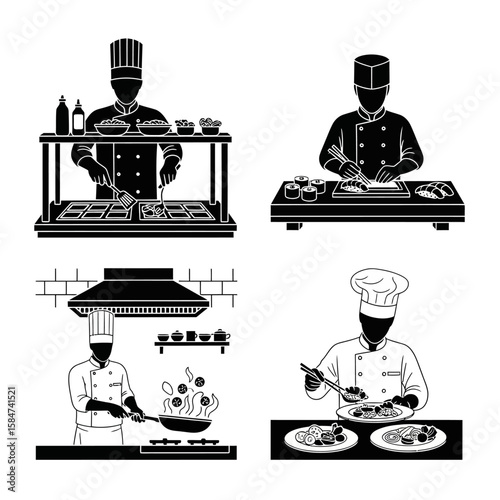 Four black silhouette illustrations of chefs preparing various dishes in different kitchen settings.