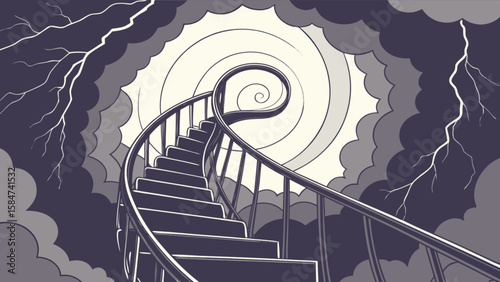 Spiral staircase to heaven illustration with lightning and clouds concept for abstract art prints and posters