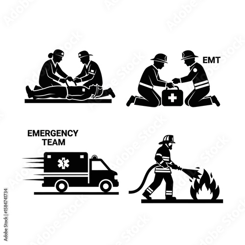 Emergency services icons: EMTs treating a patient, ambulance in motion, and a firefighter extinguishing flames.