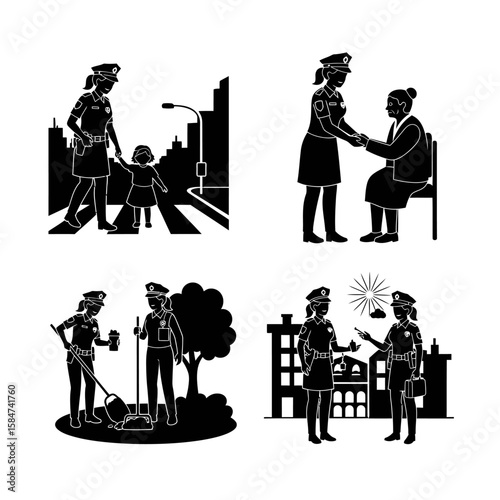 Four black silhouettes of female police officers interacting with different people and situations in urban settings.