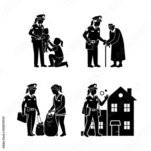Female police officers assisting citizens:  child, elderly person, community cleanup, and home visit.