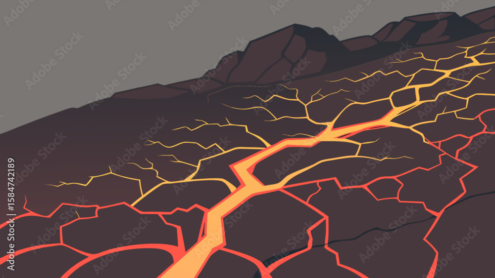 Volcanic landscape illustration with lava flow and mountains background vector graphic design element