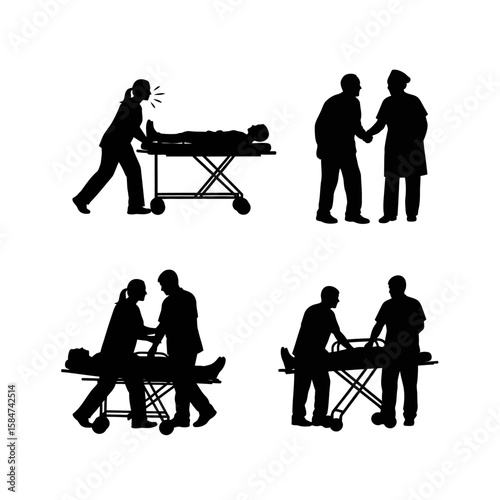 Silhouette illustrations depicting medical professionals assisting and caring for patients on stretchers.