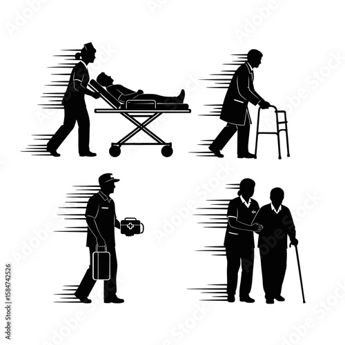 Silhouette illustration of medical personnel assisting patients in motion.