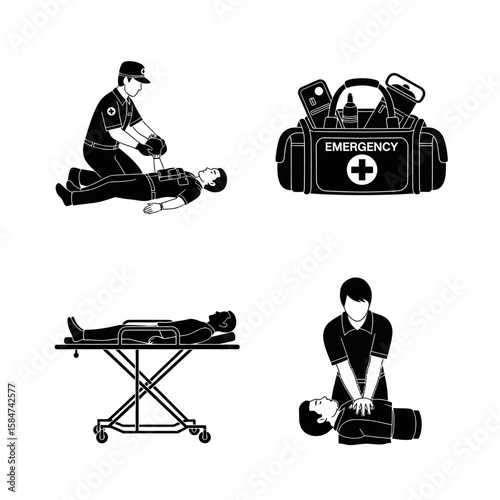 Emergency medical aid procedures: CPR, first aid, stretcher, and emergency kit.
