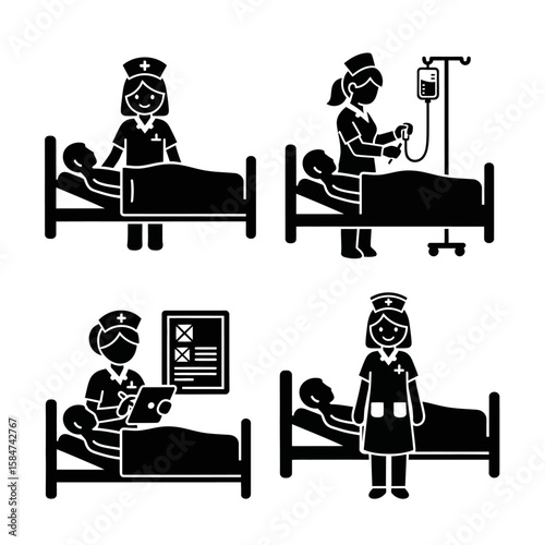 Illustrations of nurses tending to patients in hospital beds, providing care and medical assistance.