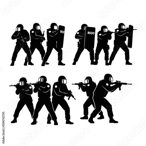 Silhouetted figures of riot police in tactical gear, holding shields and aiming rifles.