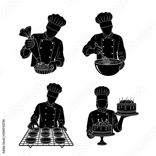 Black and white silhouette illustration of a chef performing various baking actions, including piping, mixing, and serving.