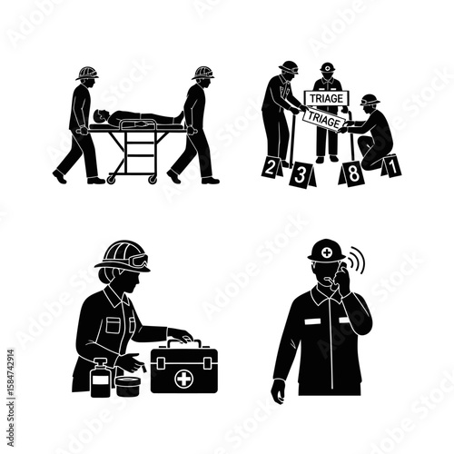 Emergency medical response icons depicting triage and transport of casualties.