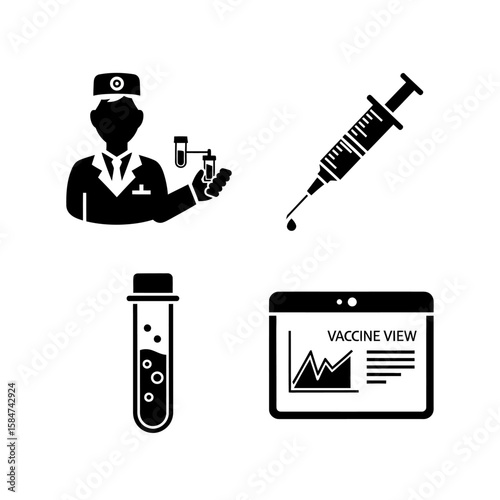 Healthcare professional administering vaccine,  syringe, test tube, data analysis.