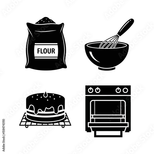 Black and white icons depicting baking ingredients and equipment, including flour, a mixing bowl, a cake, and an oven.