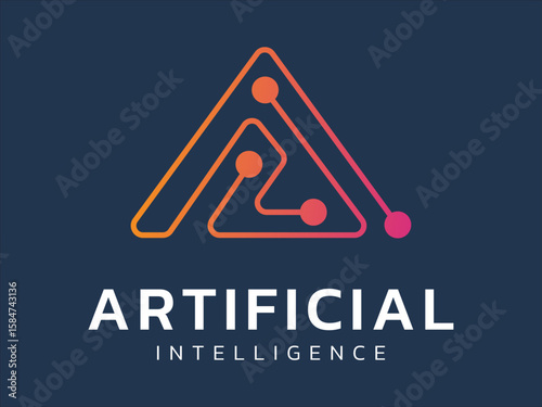 Artificial intelligence with circuit board lines Triangle shape technology Analysis logo vector design concept. AI technology logotype symbol for advance technology, ui, identity, automation, website.