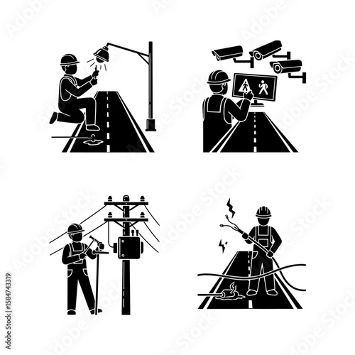Road maintenance and safety:  Electricians repairing streetlights, monitoring security cameras, and fixing power lines.