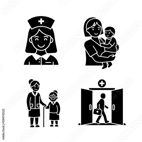 Illustrations depicting healthcare professionals, patients, and medical facility access.