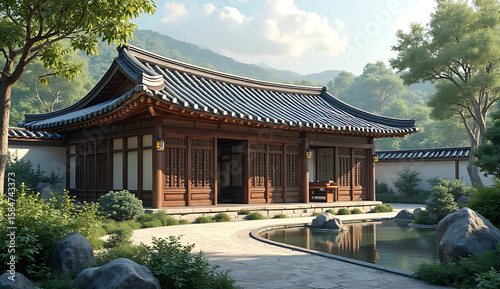 A classic wooden building with curved roof tiles situated near a tranquil water feature, against a backdrop of mountains and greenery, 4K HD.