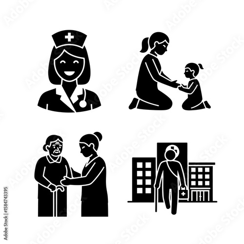 Four black and white icons depicting healthcare: a nurse, a caregiver with a child, assistance for the elderly, and a patient with a head injury.