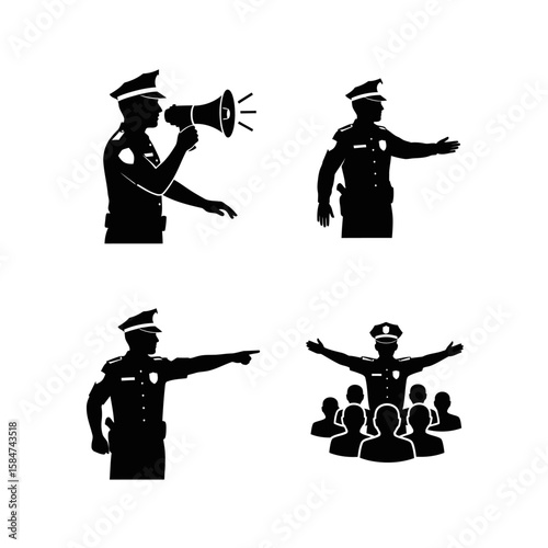 Silhouetted police officers in various poses, demonstrating actions and communication.