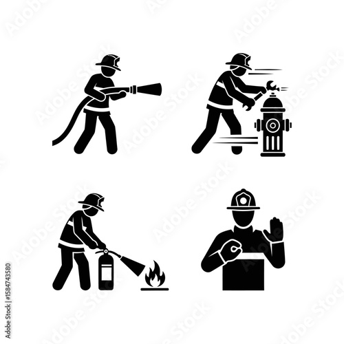 Four firefighter pictogram illustrations depict fire suppression techniques: hose use, hydrant connection, extinguisher operation, and safety instruction.
