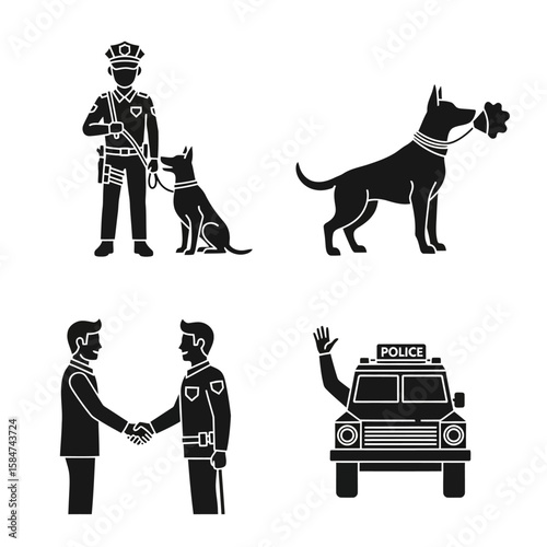 Police officer with dog, canine sniffing flowers, handshake, and police car with waving officer.