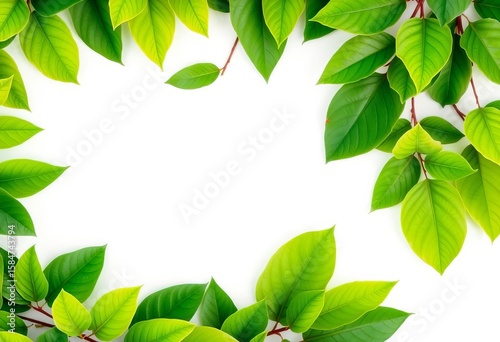 Vibrant green leaves border a pure white background,  invitation,  vibrant green