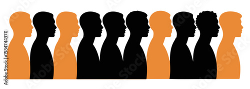 Row of Alternating Black and Orange Male Silhouettes Representing Diversity

