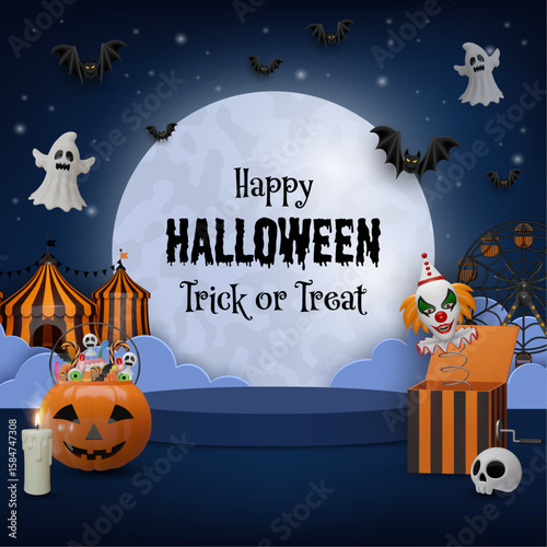 halloween background with full moon, podium, pumpkin bucket with candies and evil clown. halloween sale flyer with amusement park, ghosts and  bats
