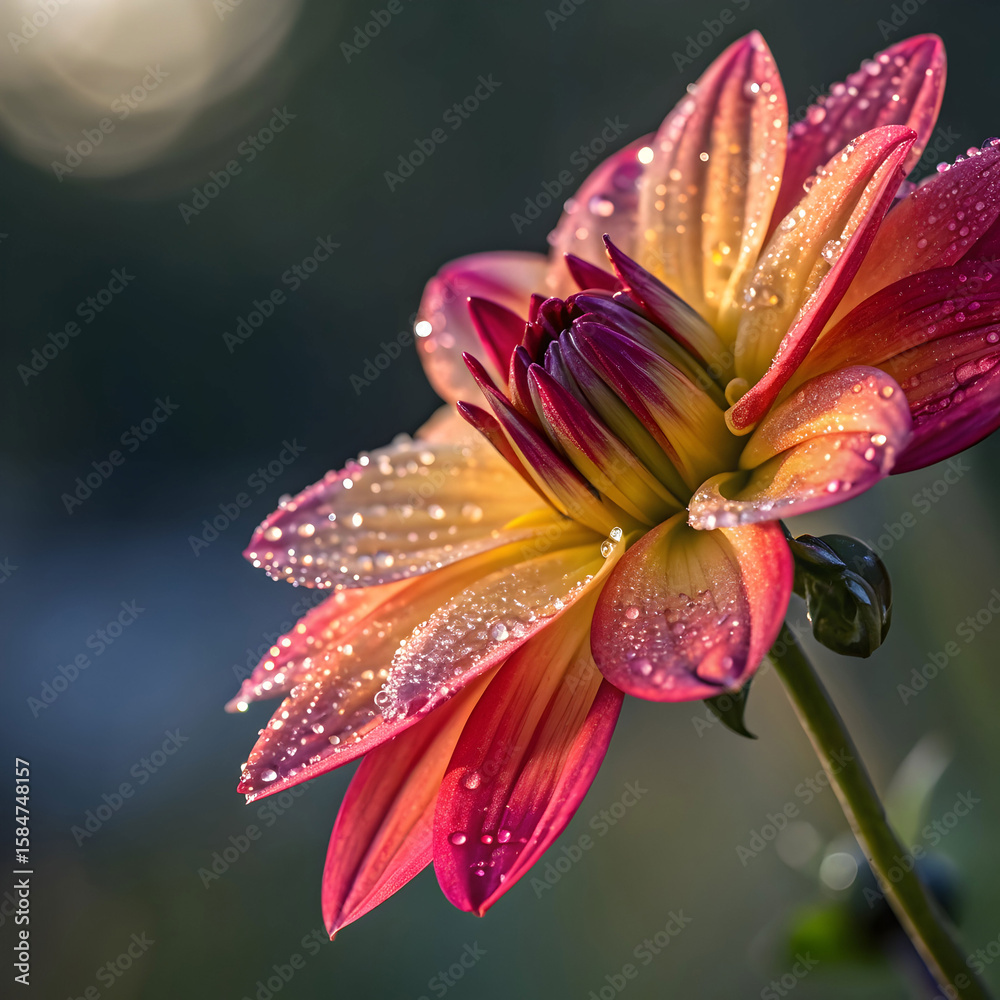 Fototapeta premium Macro close-up of a single vibrant flower with dew drops on its petals, showing rich colors and fine natural details for a fresh, lively feel.