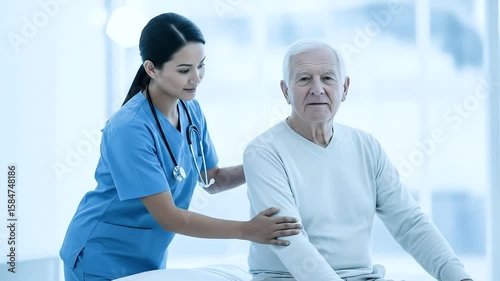 Nurse comforting elderly patient in hospital bed