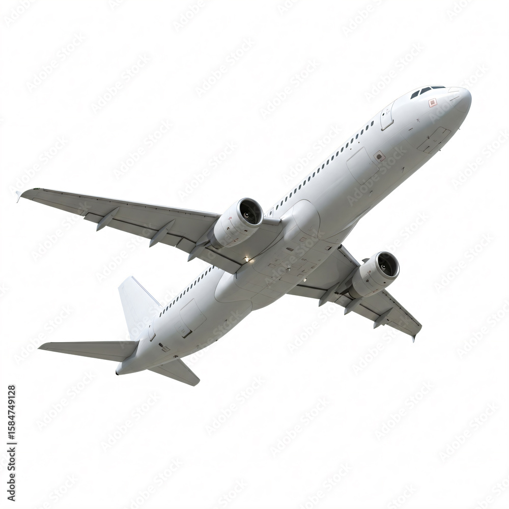 Fototapeta premium White commercial airplane in flight, viewed from below.