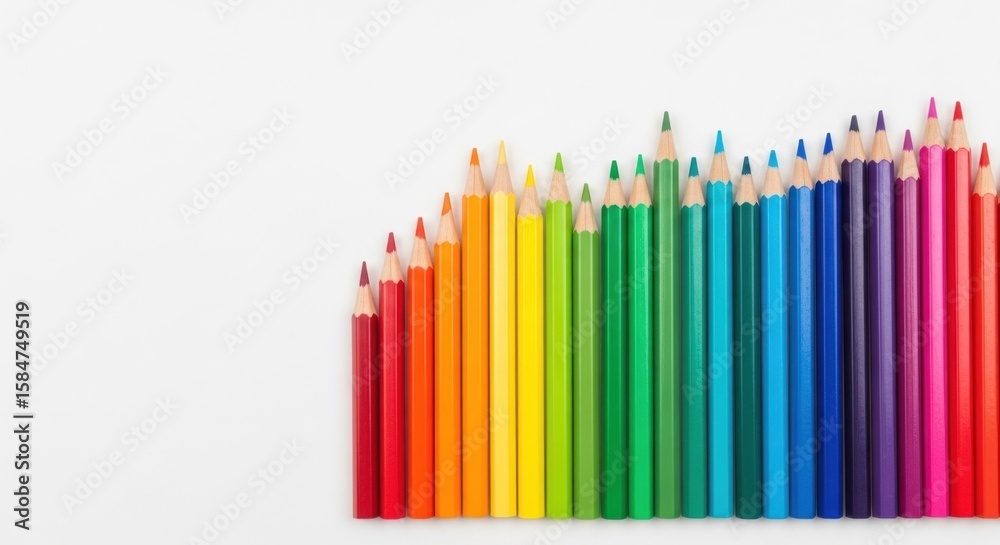 Obraz premium Colorful pencils arranged in a spectrum, row of coloring tools