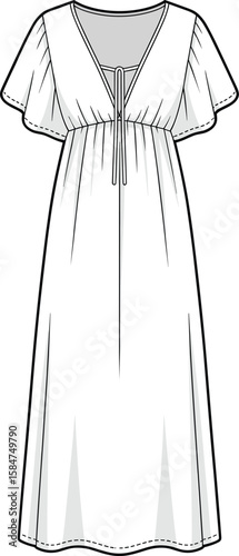 Stylish summer dress technical fashion flat, flutter sleeve detail, cinched waist, elegant midi length, vector CAD garment drawing