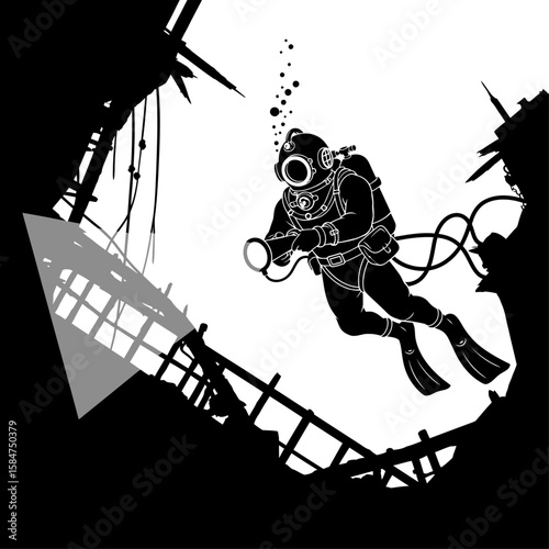 A deep-sea diver explores a sunken shipwreck, using a light to illuminate the wreckage.