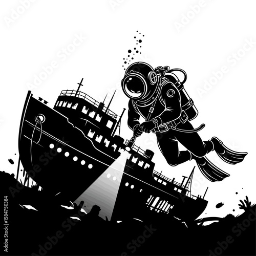 A diver explores a sunken shipwreck, illuminated by a powerful underwater light.